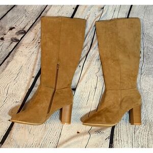 Amazon Womens Tan Faux Suede‎ Pointed Toe Tall Boots Block Heel Size 42(11.5/12)